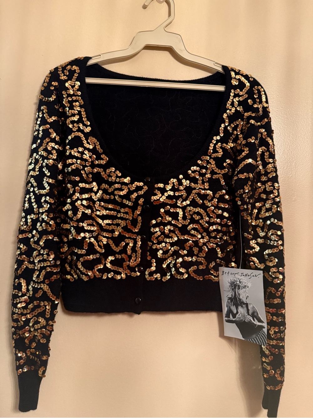 Betsey Johnson Black Cardigan with Gold Sequin Swirls